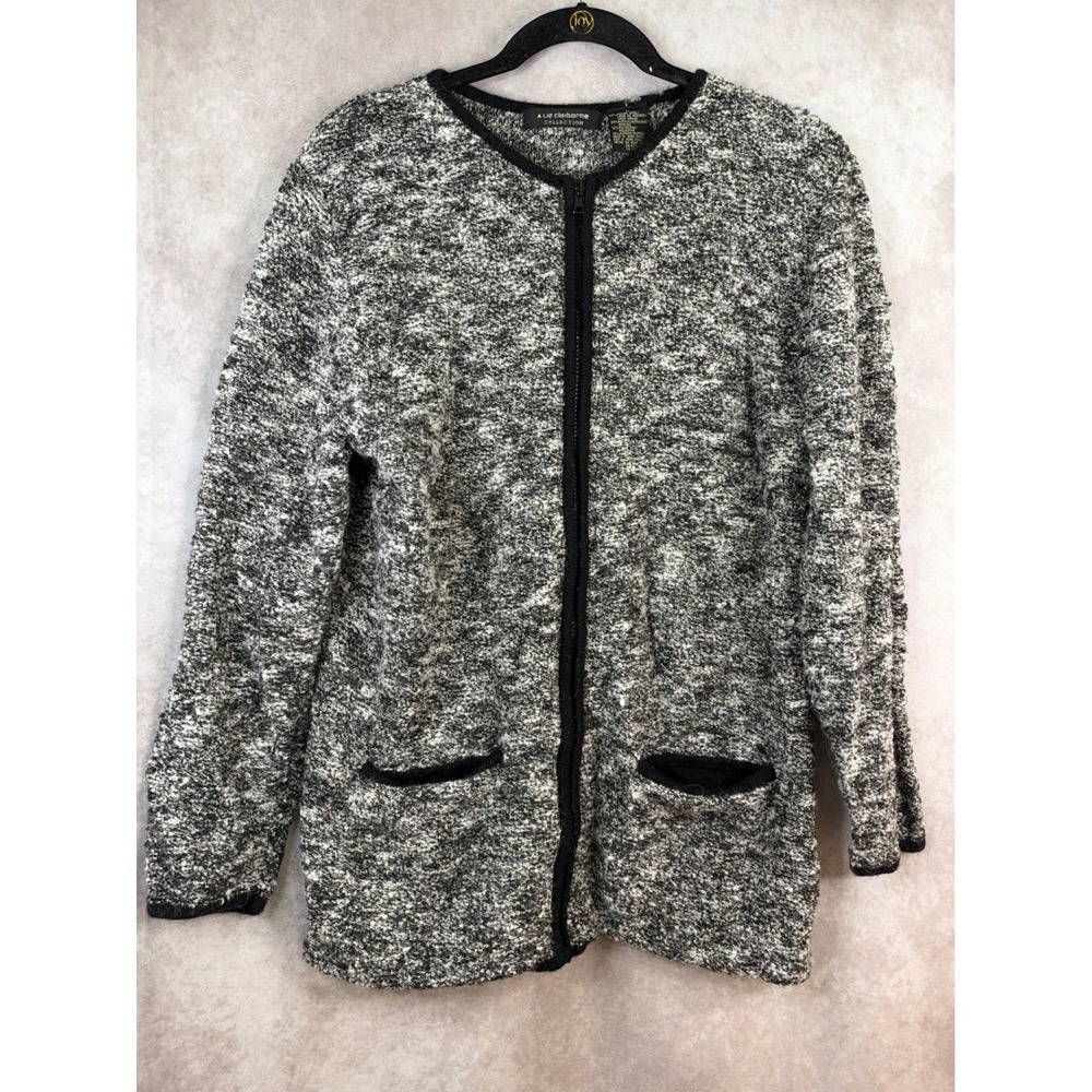Liz Claiborne Cardigan Women Large Black White Marled Merino Alpaca Zip Sweater